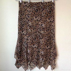 Chico's Silk Boho Leopard Animal Print Handkerchief Hemline Midi Skirt